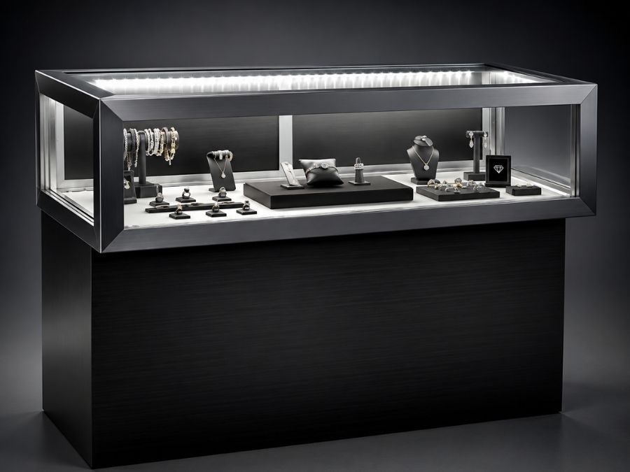 Black TDL secure counter showcase for jewelry and valuable merchandise
