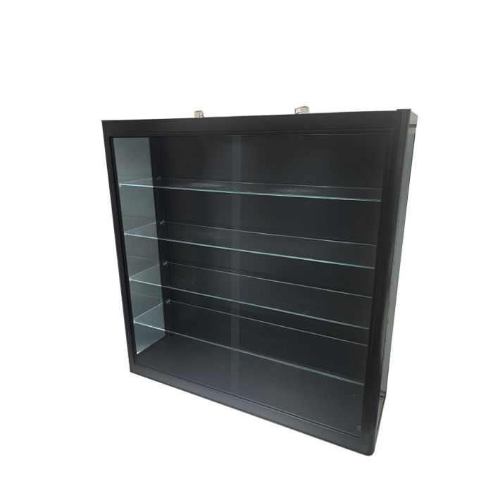 Black wall mounted display case with lights and lock Black wall mounted display case with lights and lock