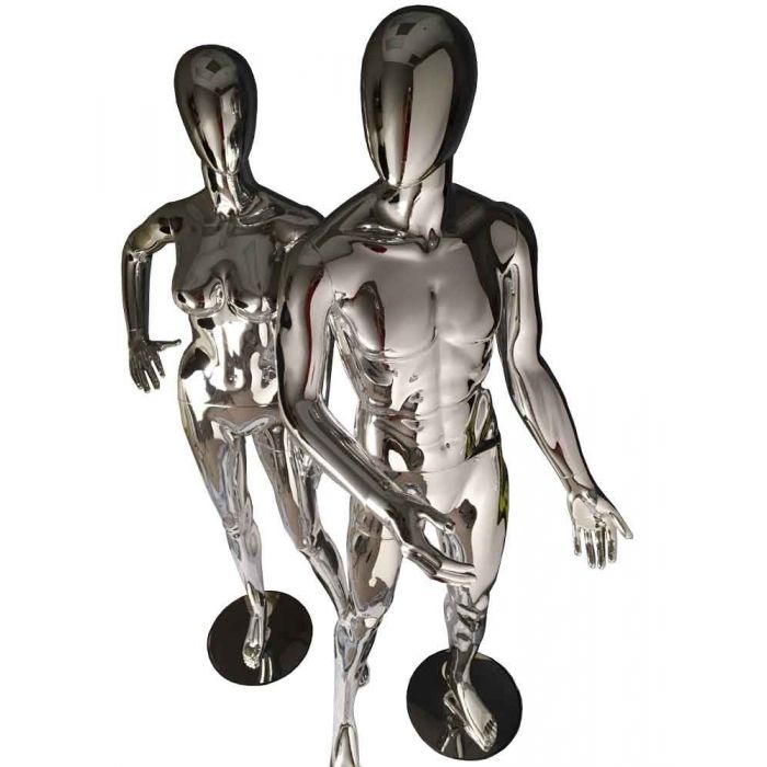 Chrome finish female mannequin with modern design for showcasing clothing
