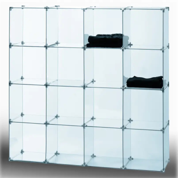 Modular 4x4 glass cube display unit with 14"x14" tempered glass and connectors for retail and home use