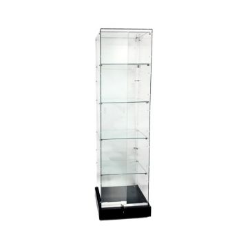 20 Inch Wide Glass Tower Case, Small Frameless Glass Tower Case, Six Foot Tall Tower Case with Sliding Doors