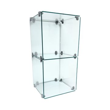 Modular 4x4 glass cube display unit with 14"x14" tempered glass and connectors for retail and home use