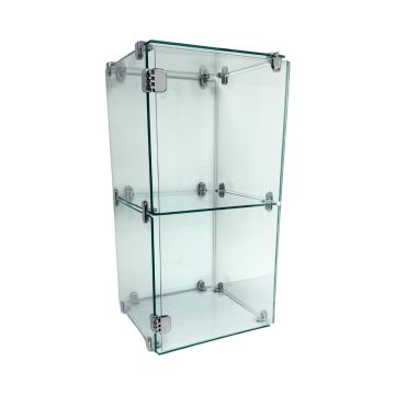 Modular 4x4 glass cube display unit with 14"x14" tempered glass and connectors for retail and home use